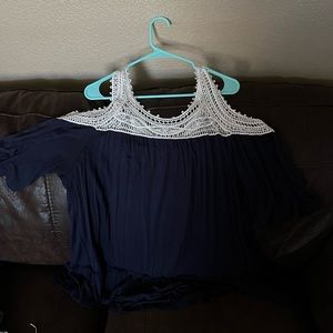 Living doll brand. Navy blue with cream colored crocheted style blouse. Size 1X.